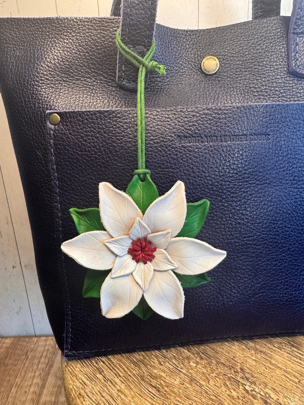 Christmas Purse Charm White Flower poinsettia Charm Genuine Leather NEW